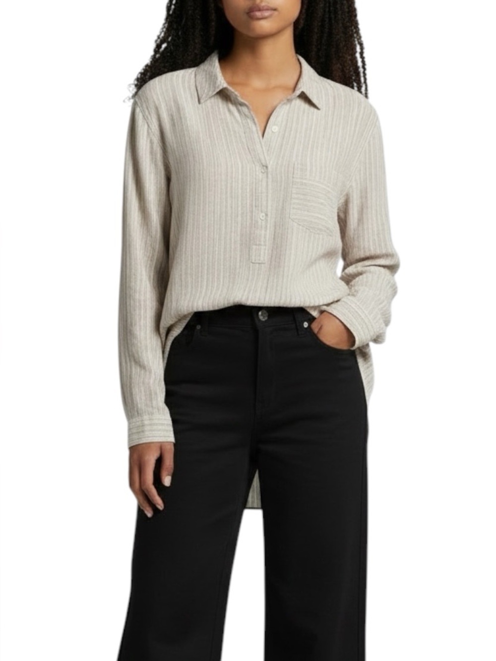 Per Se Beige White Striped 3/4 Button Lightweight Linen Blend Blouse Small